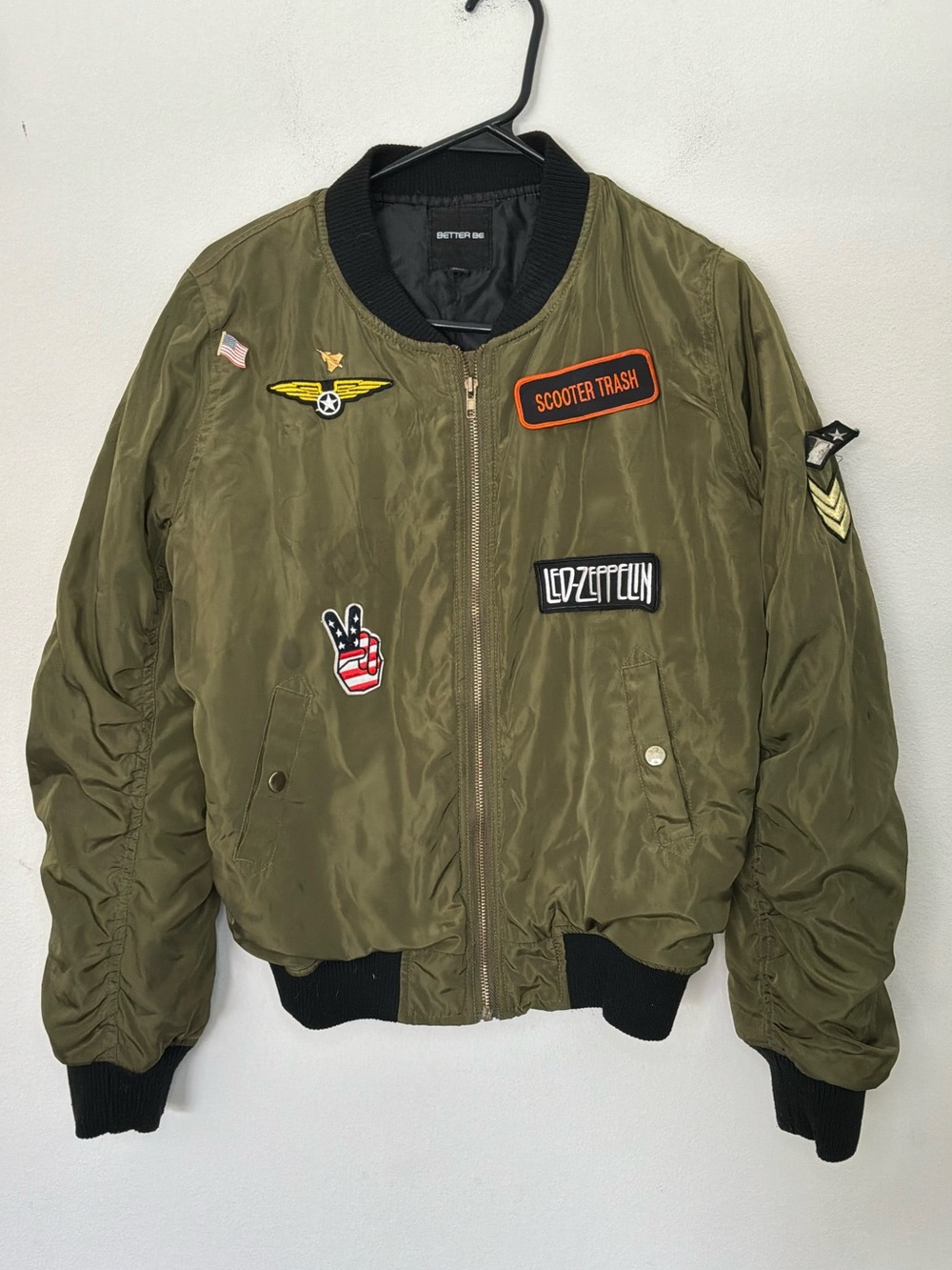 Better Be Olive Green Patch Bomber Jacket Size Large Led Zeppelin Military Style